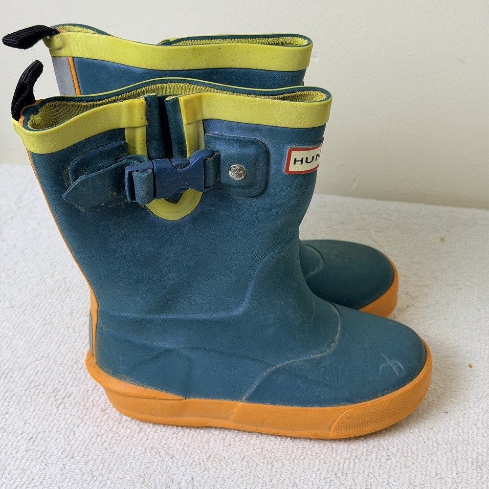 Kids Hunter Rubber Rain Boots-Yellow Green-Sz 8-Buckles-outdoors Puddles